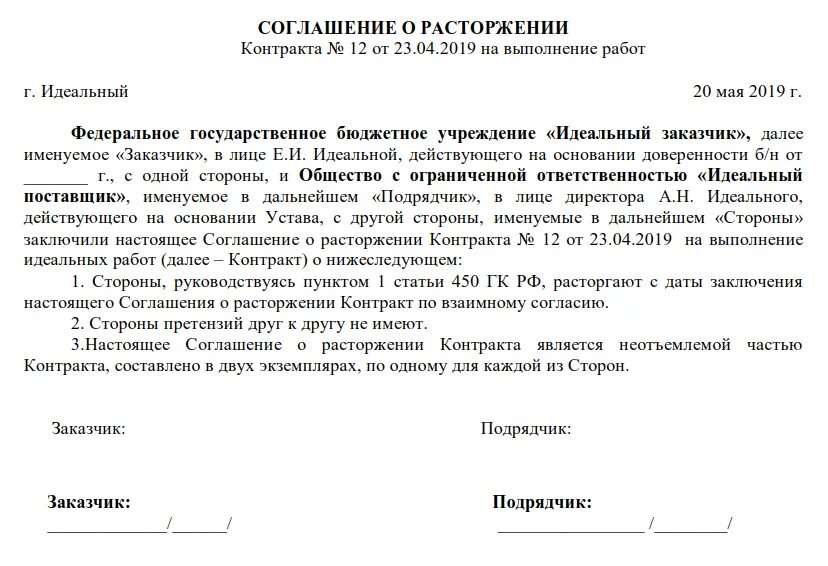 Соглашение об изменении расторжения договора