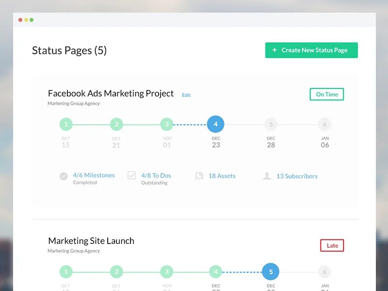 Status page. Timeline ui design. timeline ui. ready status page ui.