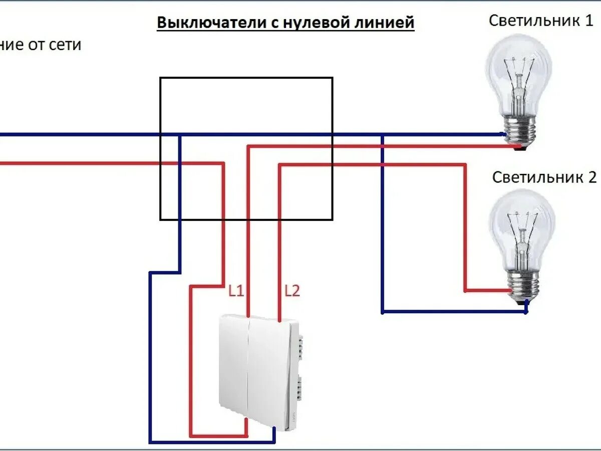 Как подключить два светильника на двойной выключатель. Схема подключения двухклавишного выключателя. Схема подключения выключателя с нейтралью. Схема подключения двухклавишного выключателя на 2 лампочки. Монтаж двухклавишного выключателя схема подключения.