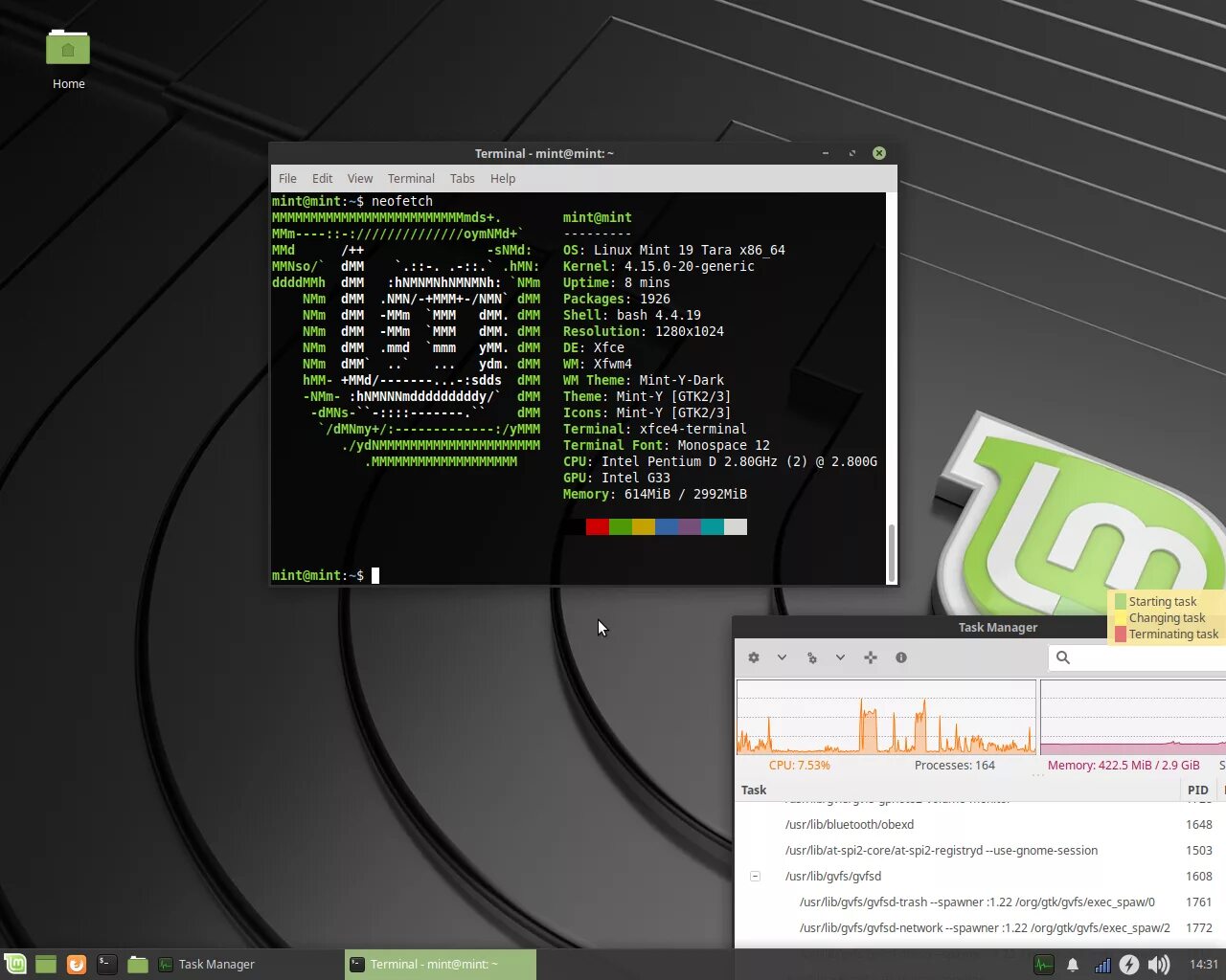 Task linux. Линукс XFCE. Mint XFCE. Neofetch Mint. Linux Mint Terminal.