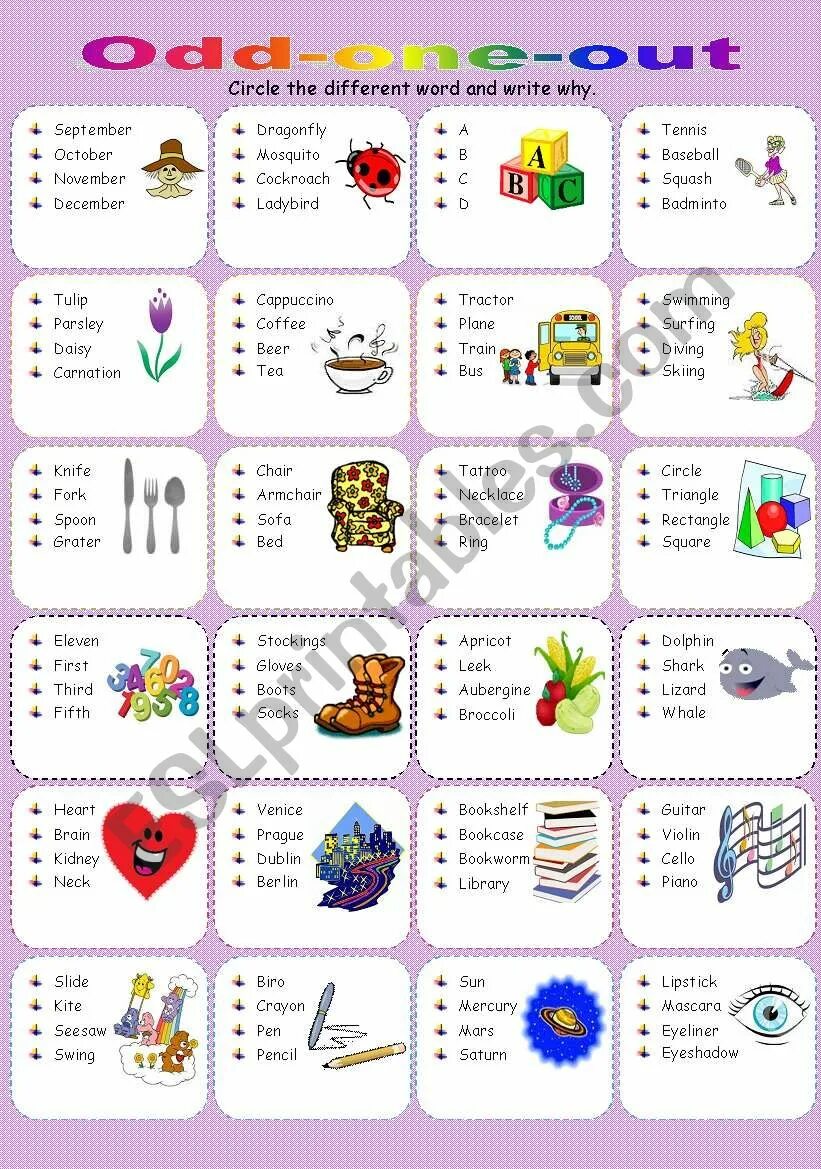 One word out. Odd one out Worksheets. Odd one out ESL. Odd one out ESL Worksheets. One odd out for Beginners ESL.