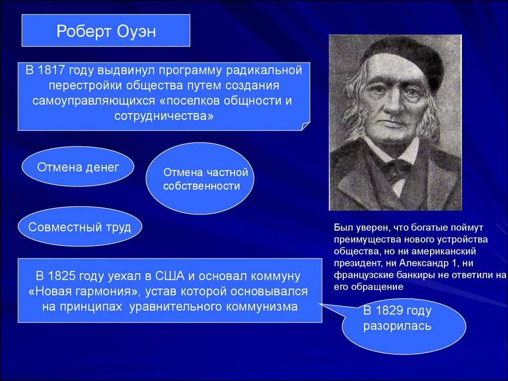 Группа людей которая выдвигает программу развития общества. Утопические воззрения на общество р.Оуэн.