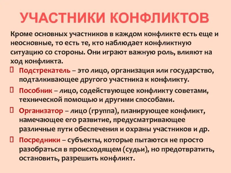 Статус участника конфликта. Роли участников конфликта. Неосновные участники конфликта. Участники конфликтной ситуации. Определите все роли участников конфликта, помимо основных участников.