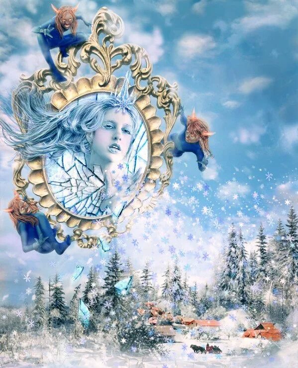 Снежная королева история 5 слушать. Волшебное зеркало снежной королевы. Зеркало из снежной королевы. Зеркало из сказки Снежная Королева. Снежная Королева осколки.