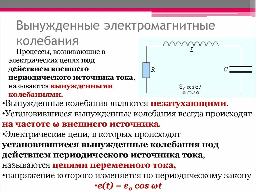 Вынужденные электромагнитные колебания колебательный контур схема. Свободные и вынужденные электромагнитные колебания схемы. Частота вынужденных электромагнитных колебаний. Вынужденные Эл магнитные колебания. Источнику переменного напряжения частотой