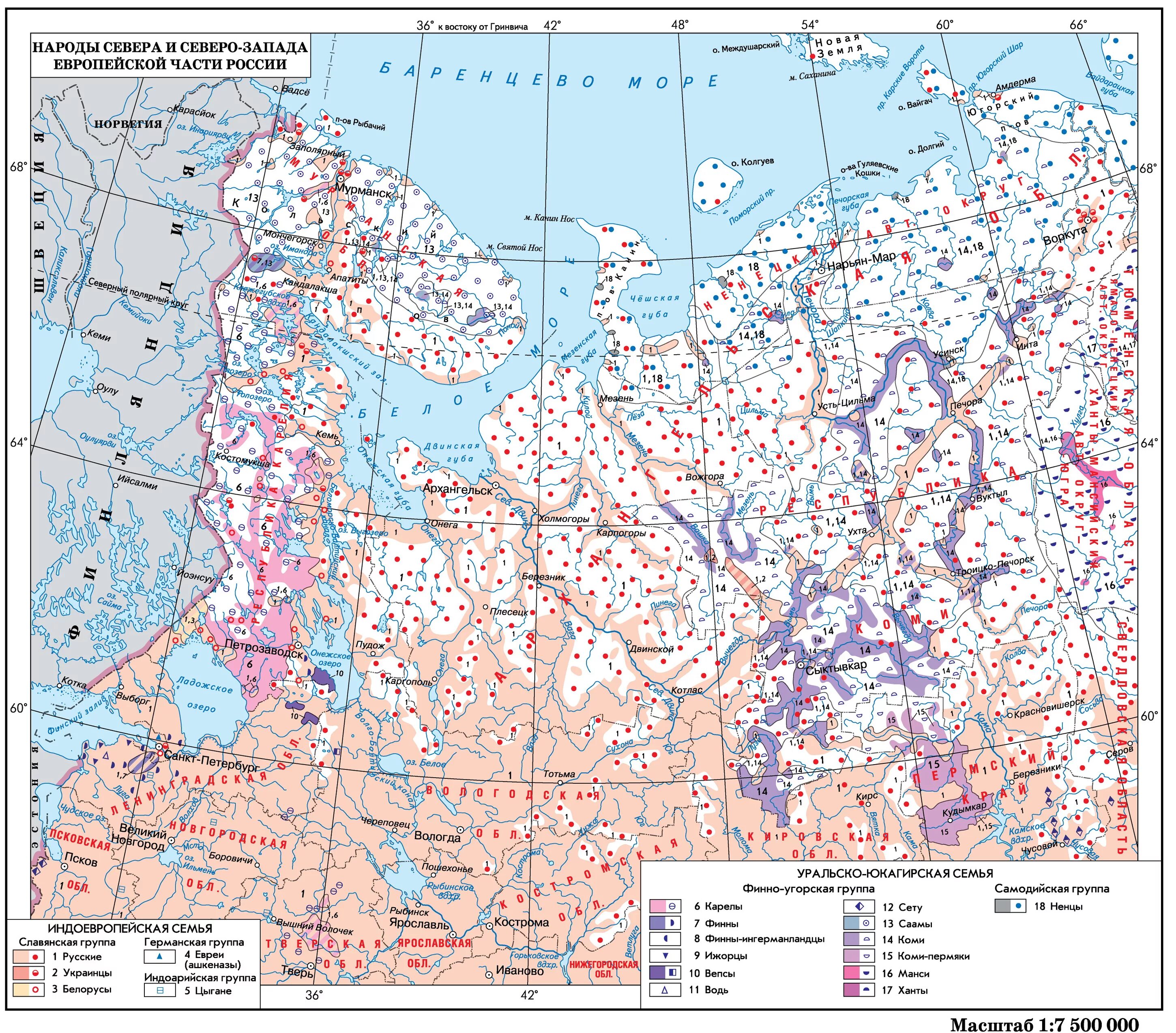 Карта европейского севера России. Карта населения европейского севера России. Крупнейшие народы северо запада