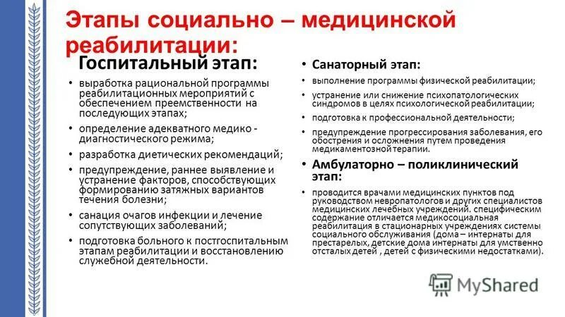 организация реабилитационного процесса. этапы медицинских реабилитационных программ. сколько этапов медицинской реабилитации. перечислите этапы медицинской реабилитации. задачи реабилитации на поликлиническом этапе.