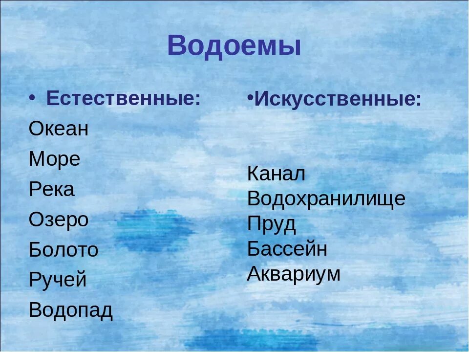 Напиши какие бывают. Название водоемов. Естественные водоемы. Природные и искусственные водоемы. Естественные и искусственные водоемы 2 класс.