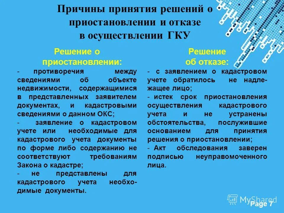 закон о государственной регистрации прав на недвижимое имущество. причины приостановления кадастрового учета. приостановление государственного кадастрового учета. причины приостановления кадастрового учета. основания отказа в кадастровом учете.