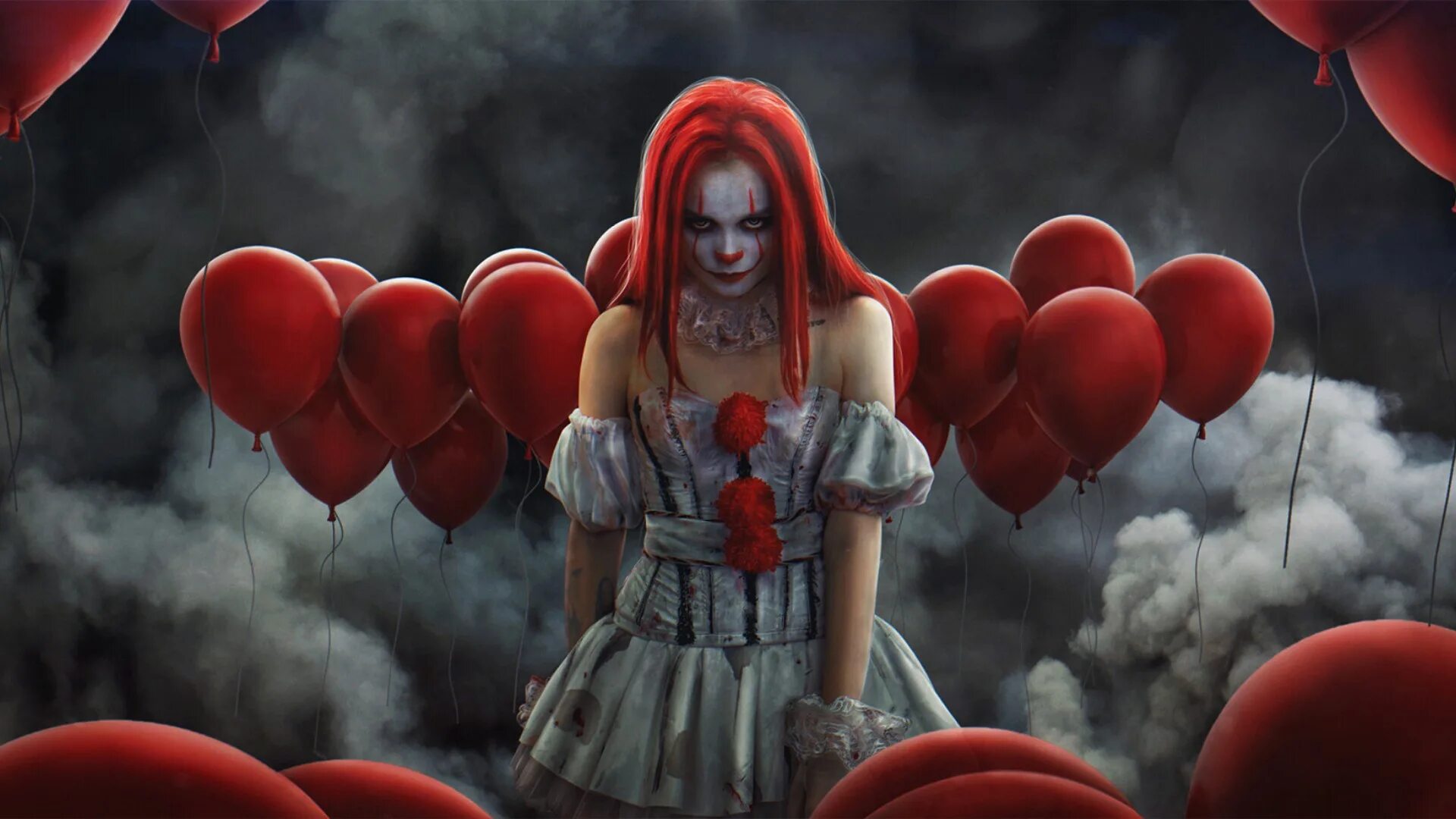 Сердце клоун. Клоун ПЕННИВАЙЗ девушка арт. Девушка клоун с красными волосами. Девочка с красным шариком.