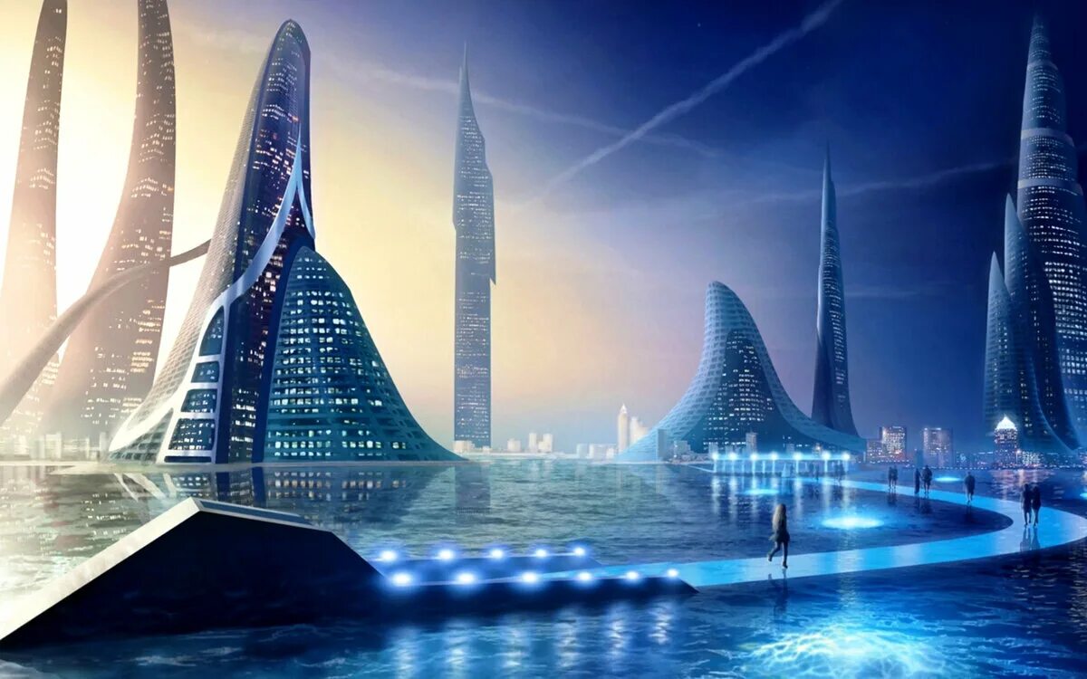 Будущее. 22 Век город. Современный город на воде в будущем. Здание в 22 веке.