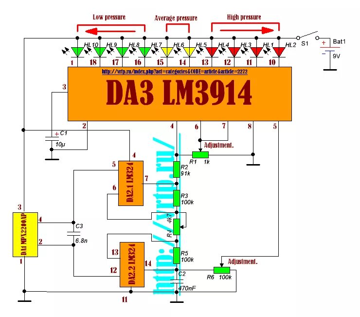 18 f lm. Lm3914n-1 индикатор уровня напряжения схема. Lm3914 схема включения индикатор напряжения. Светодиодный индикатор напряжения lm3914. Lm3914 схема включения индикатора температуры.