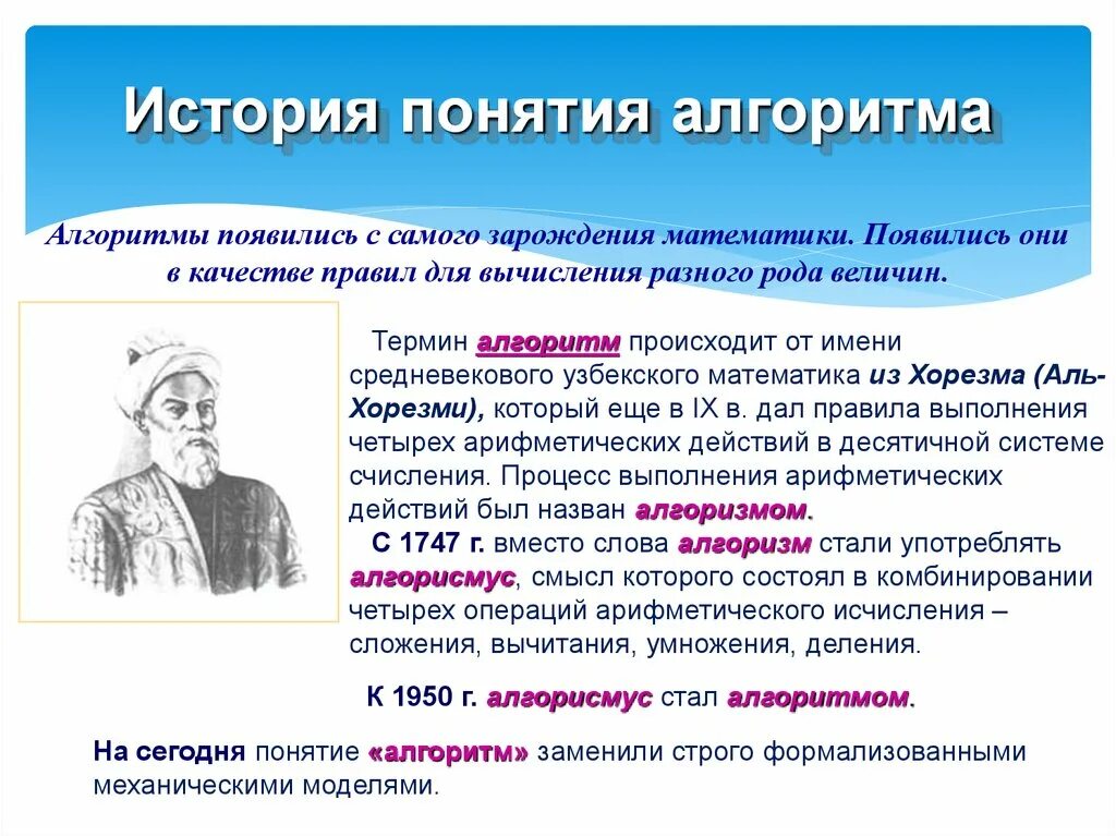 История алгоритмов. История возникновения понятия алгоритм. Понятие алгоритма. История алгоритма. Термин алгоритм.