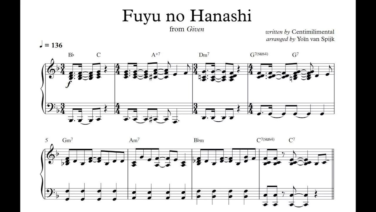 Given ноты для фортепиано. Дарованный ноты. fuyu no hanashi ноты для фортепиано. дарованный ноты на пианино.
