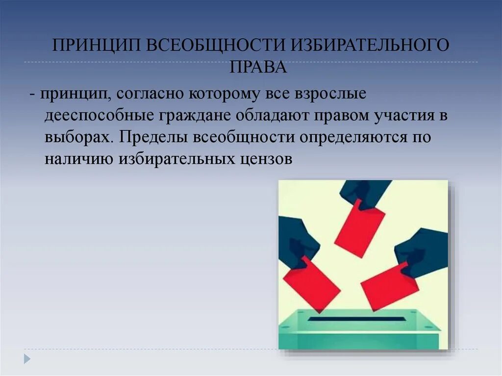 Принцип всеобщности выборов. Принцип всеобщности это выборы. Принцип прямого равного тайного голосования