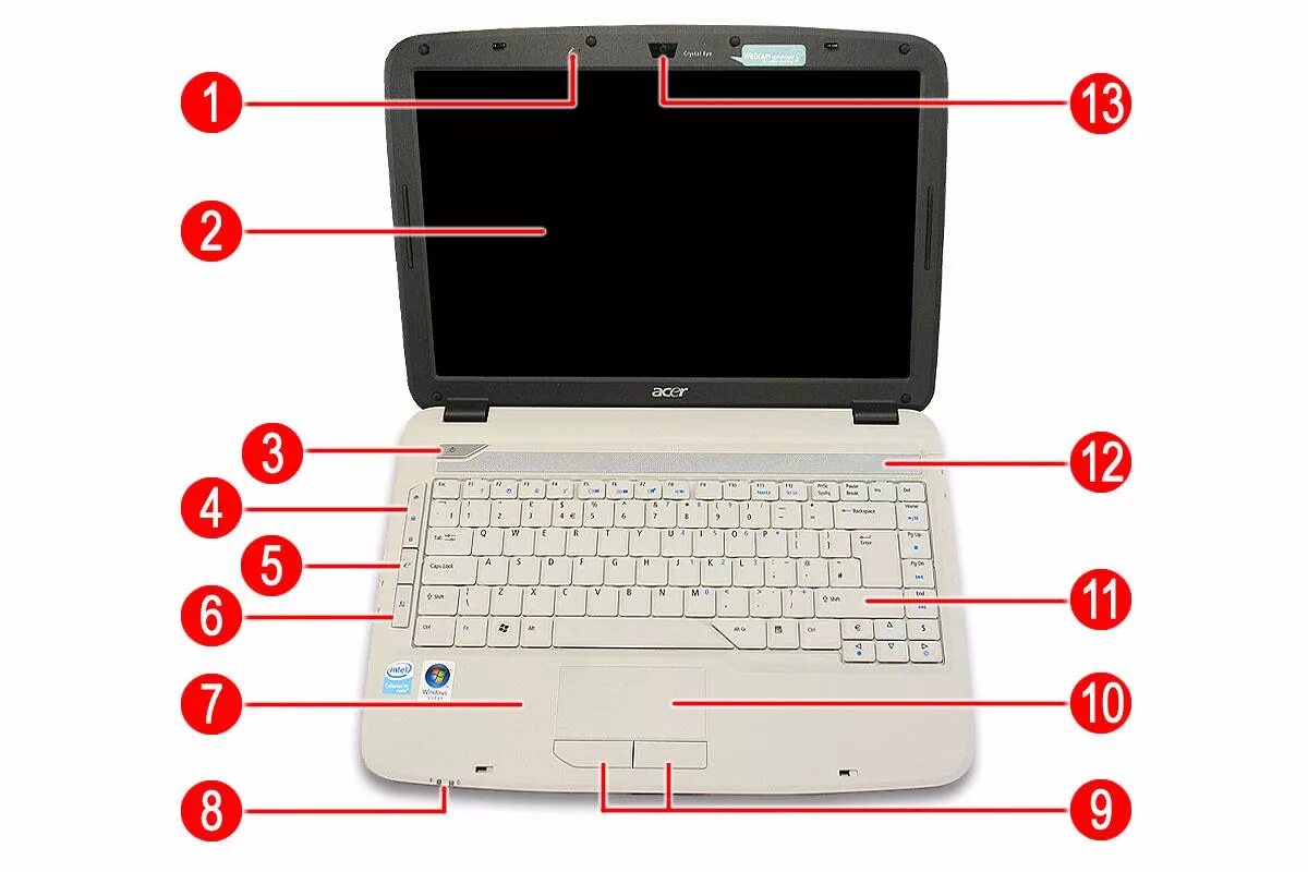 Acer Aspire 4315. Обозначения на ноутбуке. Внешний вид ноутбука с обозначениями. Значки на ноутбуке Асер. Открыть телефон на ноутбуке