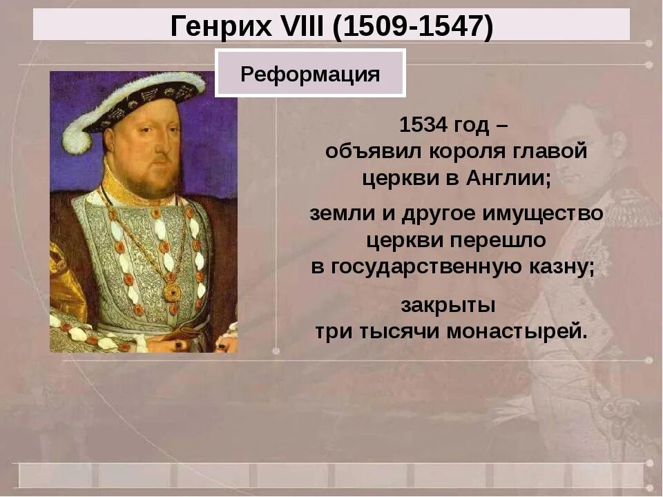 Реформы Генриха 8. Назовите российского монарха правившего