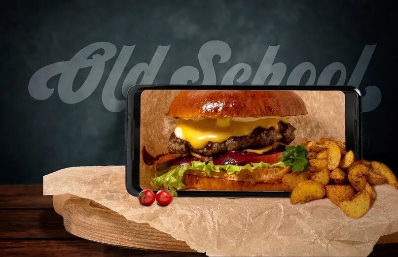 Oldschool burgers ул леваневского 53. Бургер с картошкой по деревенски. Бургеры акция 20%. Премиальный бургер акция. Гамбургер с картошкой Айдахо.