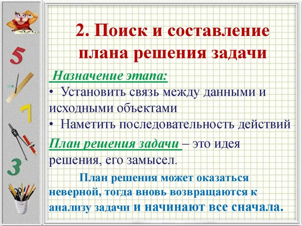 С чего начинать решение задачи. Поиск и составление плана решения задачи. План решения текстовой задачи. Приемы проверки решения задач. Составить план решения задачи.