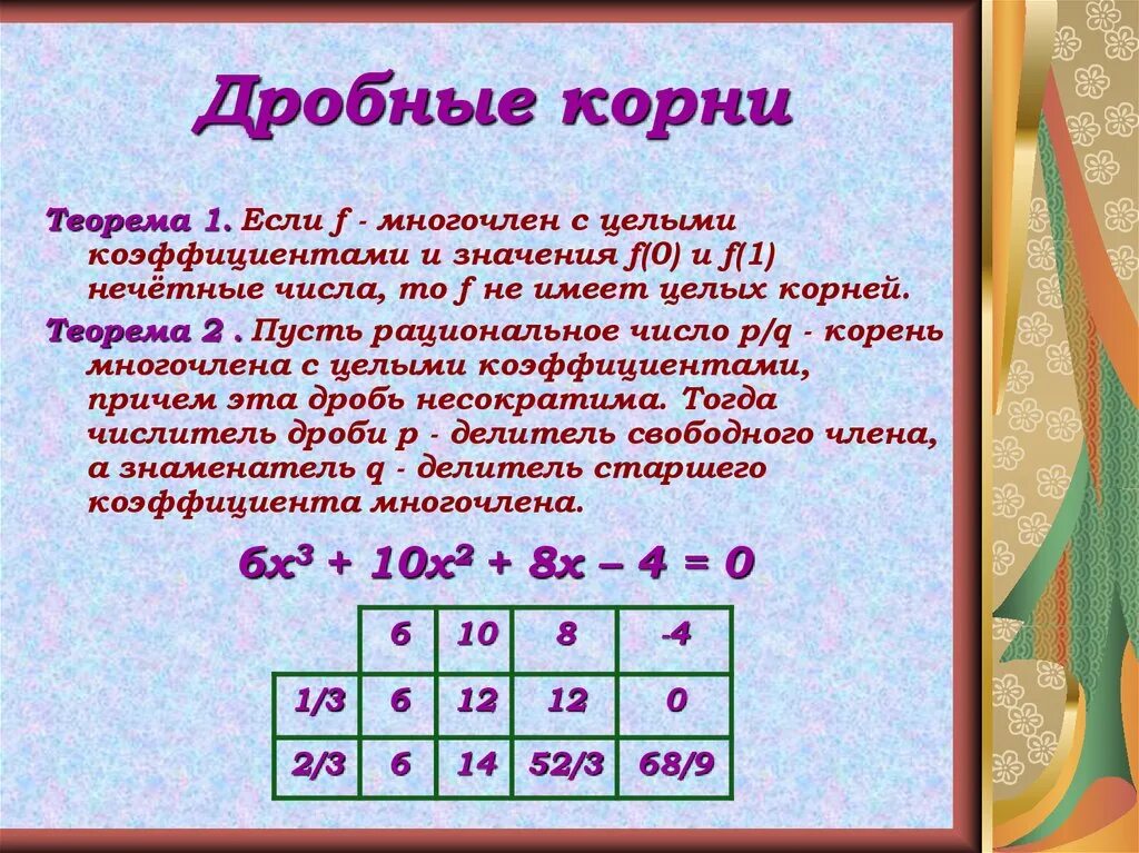 Многочлен с одной переменной. Корень дробного числа. Многочлен с корнями и дробями. Нецелые корни. Корень дроби 2 7