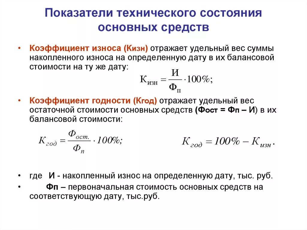 Определить износ основных средств. Показатели характеризующие техническое состояние основных средств. Формулы расчета физического износа основных фондов. Коэффициенты состояния и движения основных средств формула. Анализ технического состояния основных средств формулы.