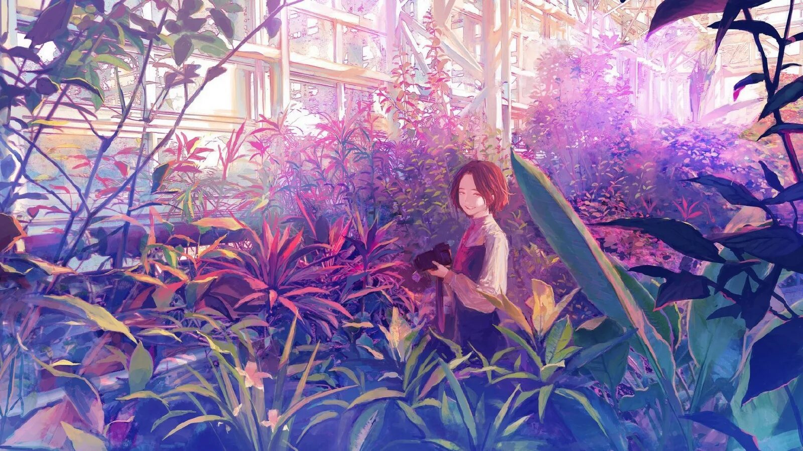 Манга они живут в саду. Девушка в цветочной оранжерее. Оранжерея с цветами фон. Цветочная оранжерея арт. Обои на рабочий стол художники.