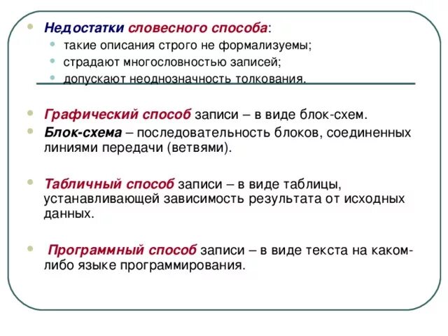 Способ записи текста. Словесное описание. Недостатки словесного описания. Недостатки словесного способа записи алгоритмов. Словесный способ описания.