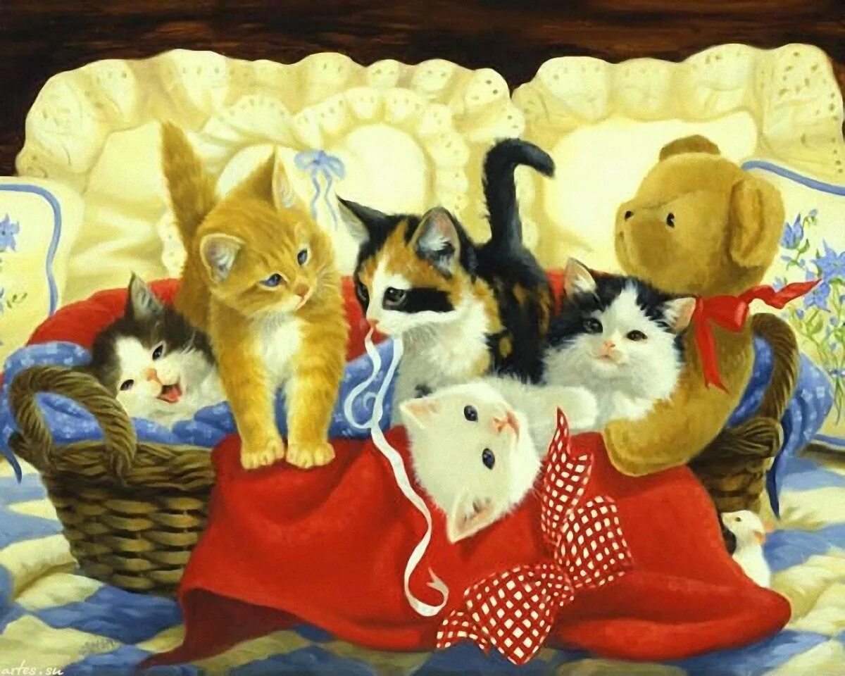 Linda Picken художник. Котята в корзинке. 5 Котят. Озорные котята.