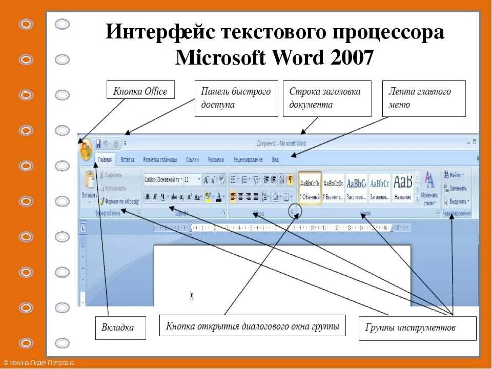 Элементы рабочей области. Интерфейс текстового процессора Майкрософт ворд. Элементы интерфейса текстового редактора MS Word. Основные элементы интерфейса в Word 2007. Основные элементы интерфейса MS Word 2010:.