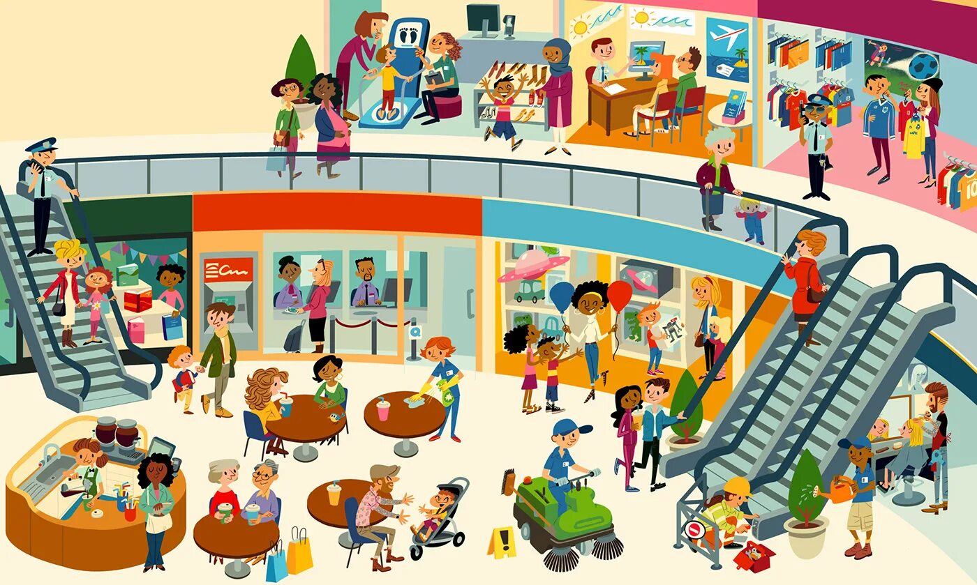 Shops listening. Дети в общественных местах. Торговый центр иллюстрация. Торговый центр мультяшный. Нарисовать торговый центр.