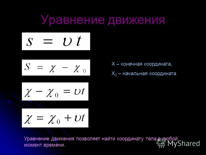 Написать уравнение координаты тела. Уравнение движения тела. Уравнение координаты при равномерном движении. Как найти начальную координату тела. Формула координаты тела.