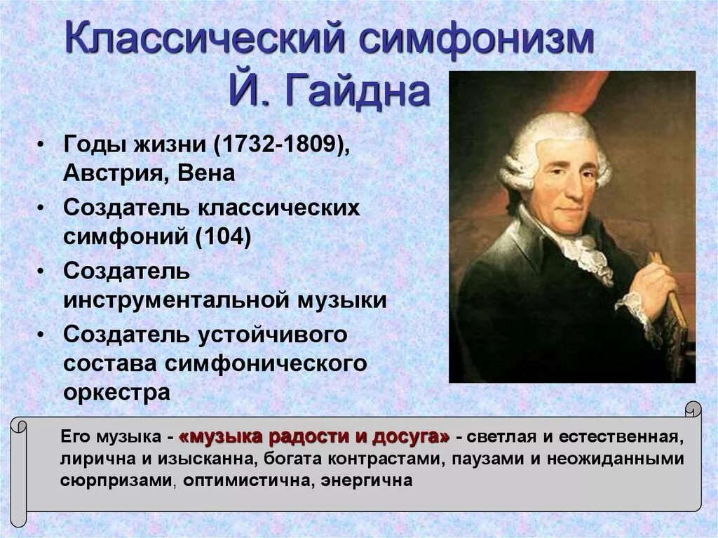 Родоначальник классической симфонии. Творчество Гайдна. Творчество Йозефа Гайдна. Композиторы Венской классической школы. Симфоническое творчество Гайдна.