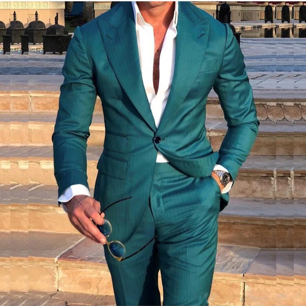 Latest Coat Pant Designs Green Satin Italian Men Suit Slim Fit Lighting Prom Bla