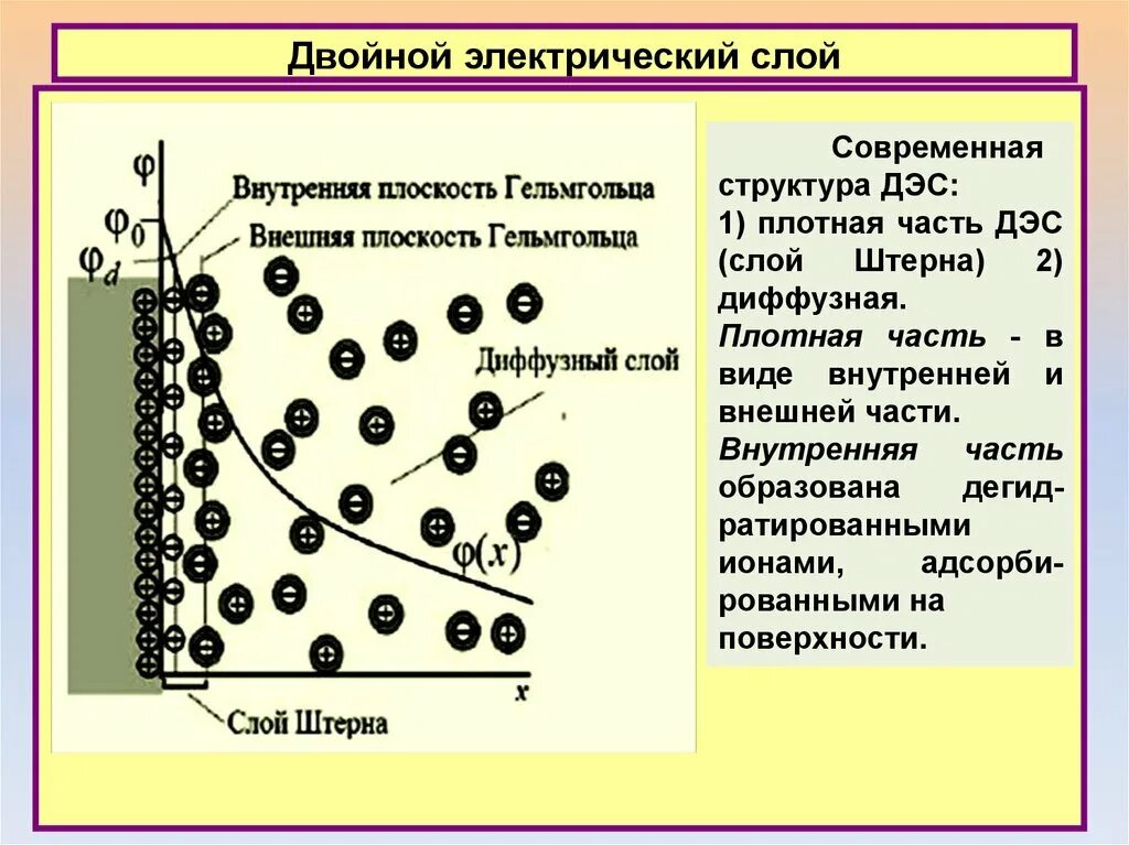 Диффузная строение. ДЭС двойной электрический слой. Строение двойного электрического слоя ДЭС. Схематическое изображение двойного электрического слоя. Модель Гельмгольца двойного электрического слоя.