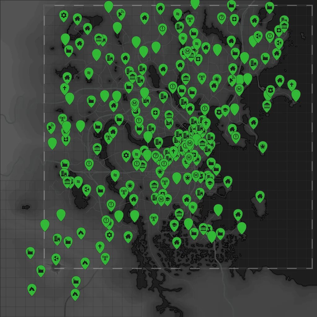 Полная карта фоллаут 4. Карта Содружества Fallout 4. Вся карта Fallout 4. Fallout 4 пупсы на карте.
