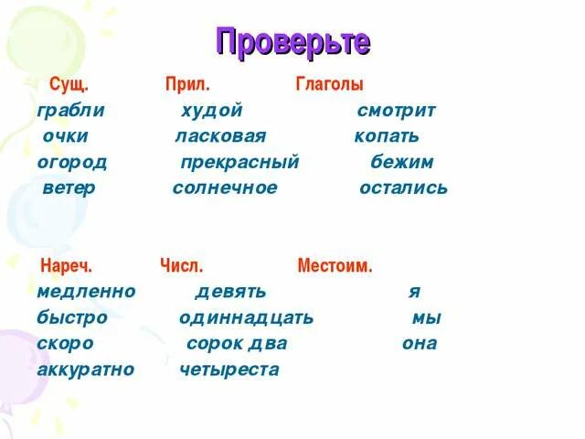 Что делает солнце глаголы. Сущ прил глагол. Глаголы и существительные. Части речи. Сущ прил глагол и ТД.
