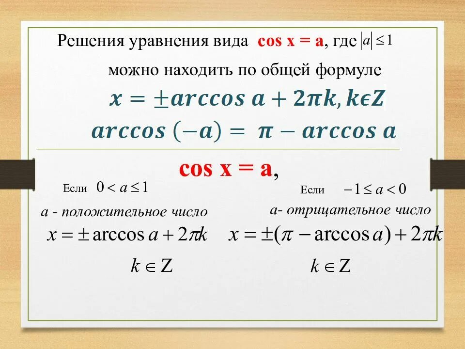 Уравнение cos x a формулы. Решение уравнения cos x a. Формула для решения уравнения cosx a. Общая формула решения уравнения cos x a. Решите cos i