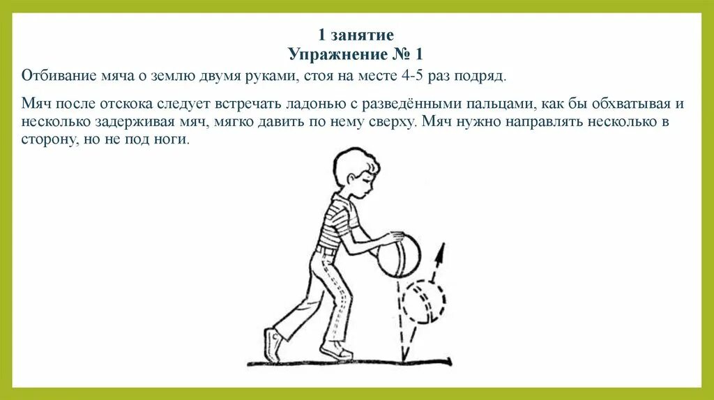 Отбивание мяча от пола. Отбивание мяча на месте правой и левой рукой. Бросание мяча об пол и ловля. Схема отбивания мяча. 9 раз подряд