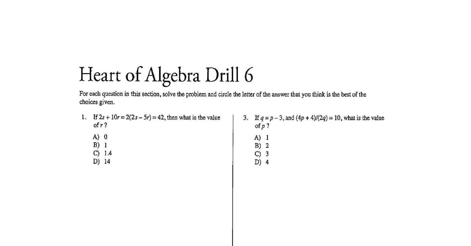 Тест алгебра 6 класс. Sat Math Practice Tests. Heart of Algebra Test 2.