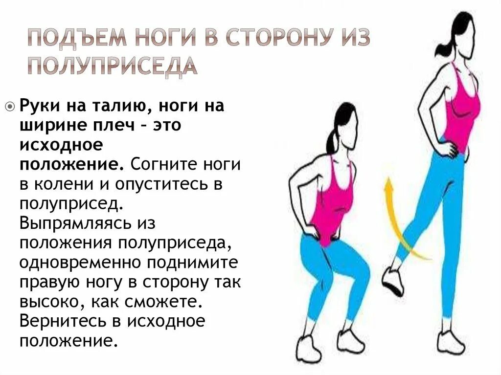 Упражнение 1 ноги на ширине. Приседания с махом в сторону. присед с махом ноги в сторону. приседания исходное положение. упражнения в полуприседе.