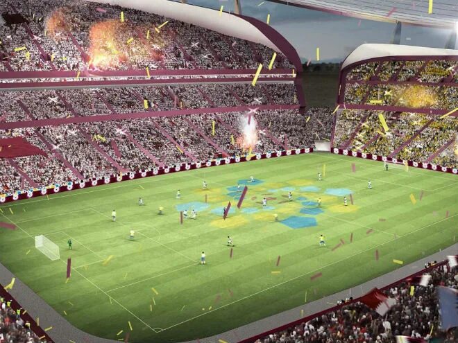 Фан зона в Катаре 2022. Заставка ЧМ 2022 по футболу. Футбольный газон в Лусаиле Дохе. Из букв стадион