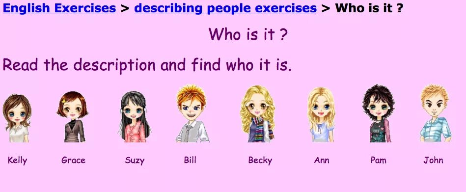 Describing people. Describe people. Who is who describing people. Describing appearance. The description says