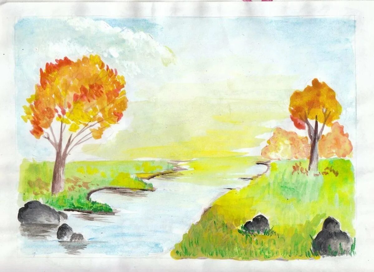 Рисунки 1 класса пейзаж. Рисунок осень. Осенний пейзаж для детей. Пейзаж осени рисунок. Рисунок на тему осень 1 класс.