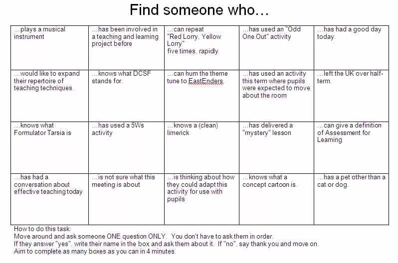 Find who calls. Find someone. Find someone who. Find someone who Bingo. Find someone who Music.