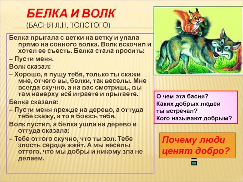 Л толстой белка и волк презентация. Басня л н Толстого белка и волк. Басня Льва Николаевича Толстого белка и волк. Басня про белку и волка. Толстой и басни лка и волк.