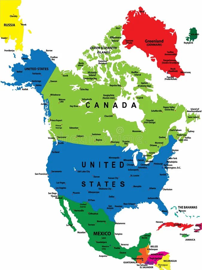Политическая карта Северной Америки. Границы Америки на карте. Карта Северной Америки с границами.