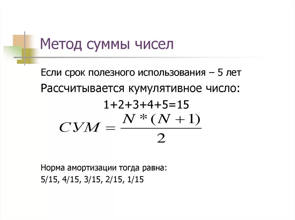 Норма суммы равна сумме норм. Кумулятивный метод амортизации формула. Метод суммы чисел лет полезного использования. Амортизация методом суммы чисел лет. Кумулятивный расчет амортизации.