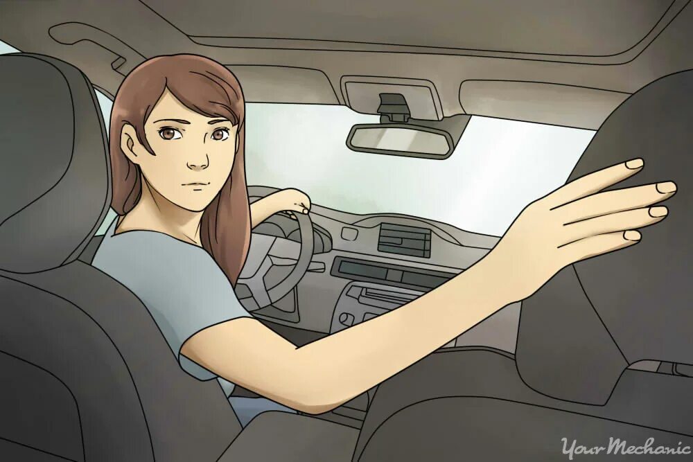 When you go by car. Вождение автомобиля для начинающих арт. женщина водитель рисунок в школу. reverse car.