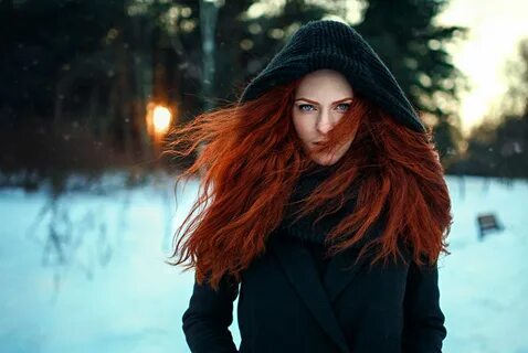 Download Blue Eyes Winter Depth Of Field Hood Redhead Woman Model HD Wallpa...