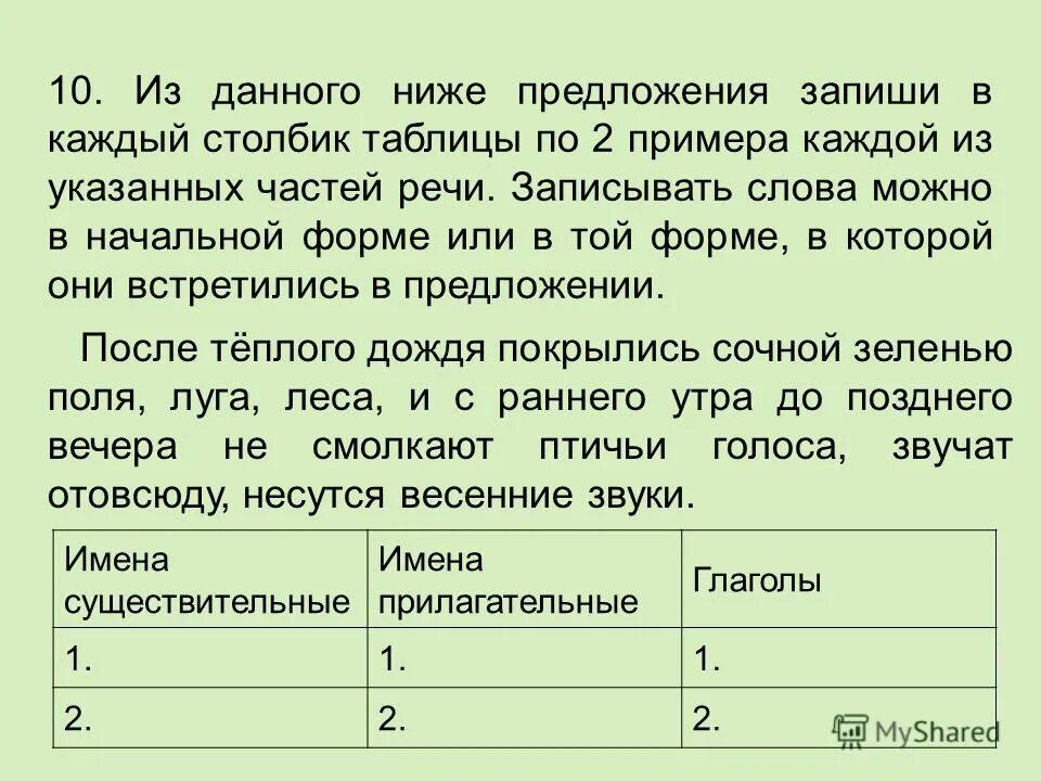 Запиши в каждый столбик таблицы по 2 примера. Запиши в каждый столбик таблицы по 2 слова из данных предложений. Запиши в каждый столбик по 2 слова из текста. Из данного ниже предложения.